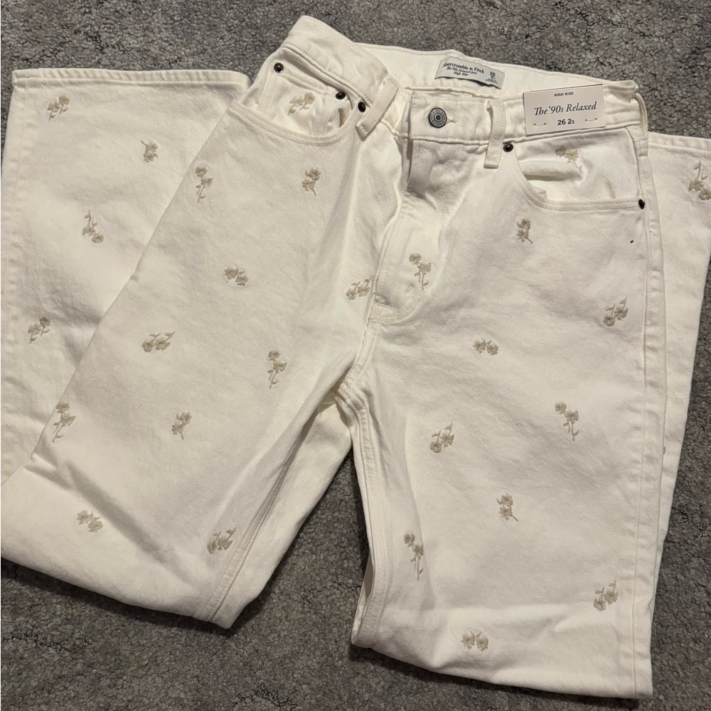 Abercrombie & Fitch Cream Floral Straight Leg Jeans
